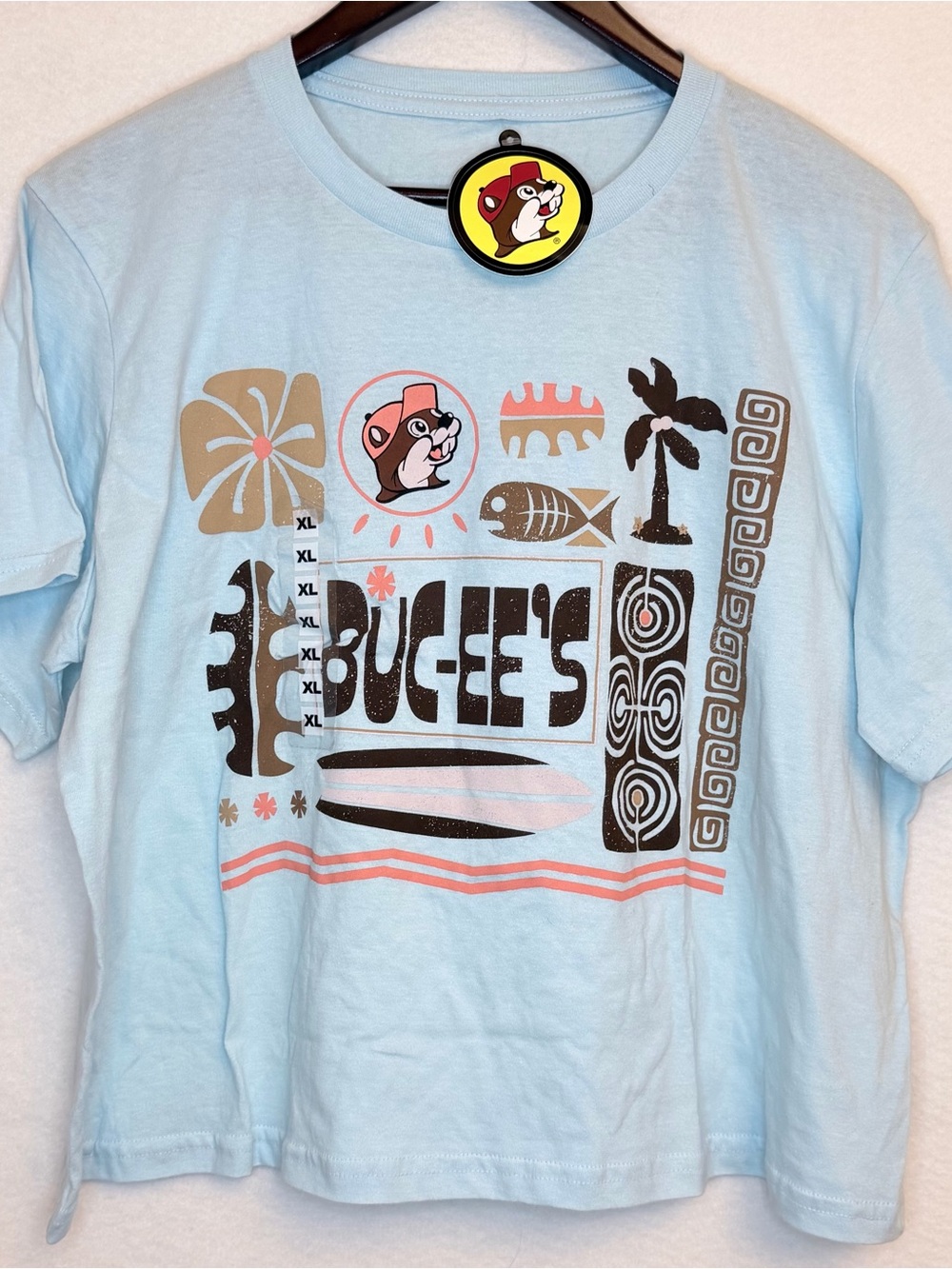 Buc-ee’s NWT XL T-Shirt Light Blue Retro Tropical Surf Graphic 100% Cotton
